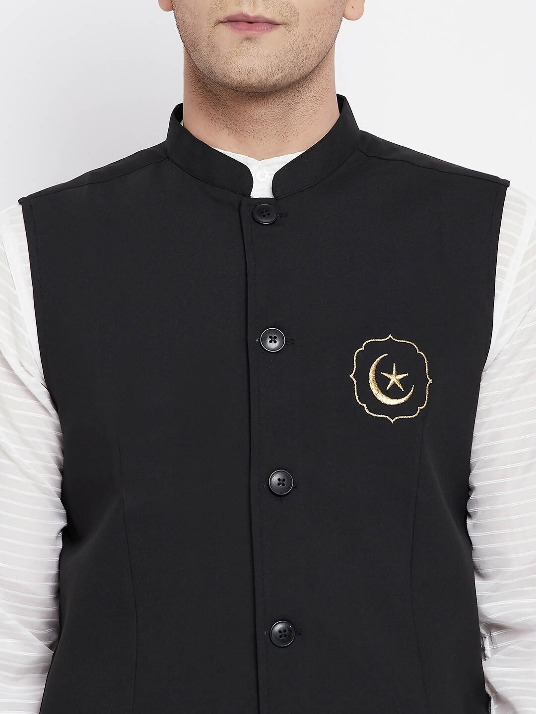 Even Apparels Black Pure Cotton Nehru Jacket With Eid Insignia PW668 | Swadesiicart