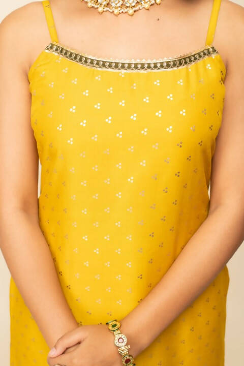 FIORRA Women's Yellow Silk Blend Straight Kurta Palazzo Set With Dupatta - Swadesiicart