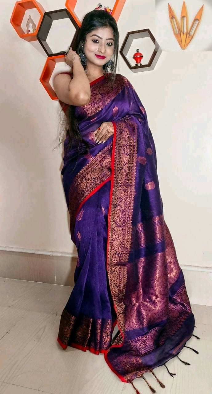 Exclusive Collection Beautiful Linen Banarashi Violet Pure Cotton Handloom Saree With Running Blouse Piece - Swadesiicart
