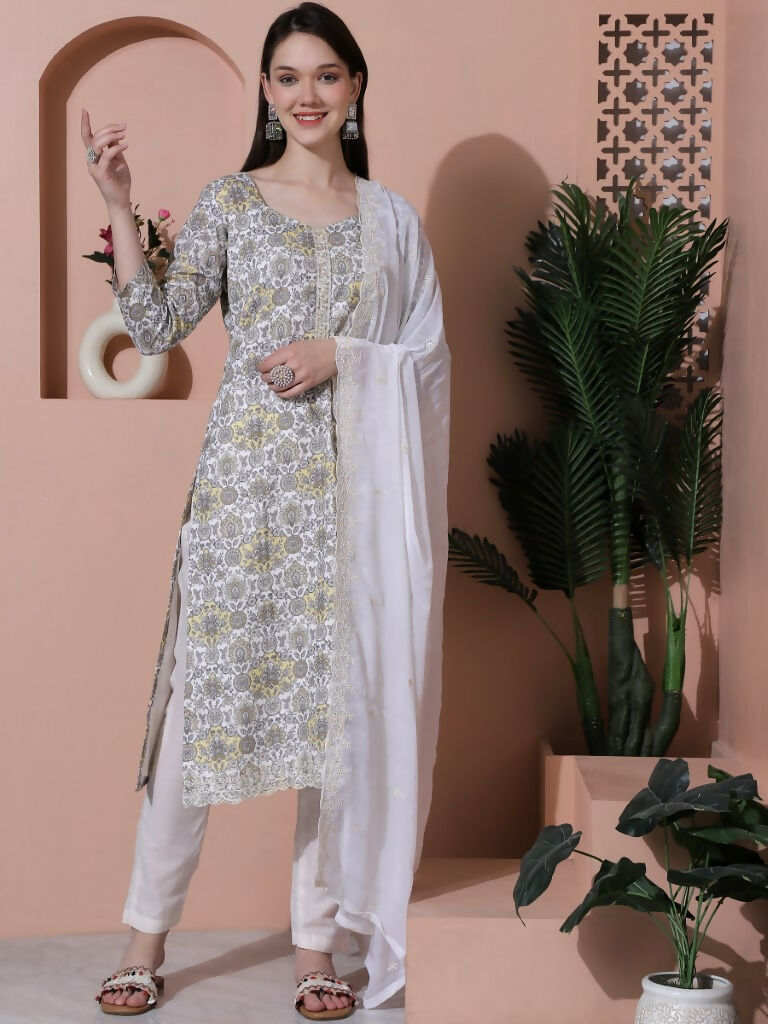 Jyoti Fashion Women's Off White Cotton Floral Digital Printed Kurta with Trouser & Dupatta | Swadesiicart