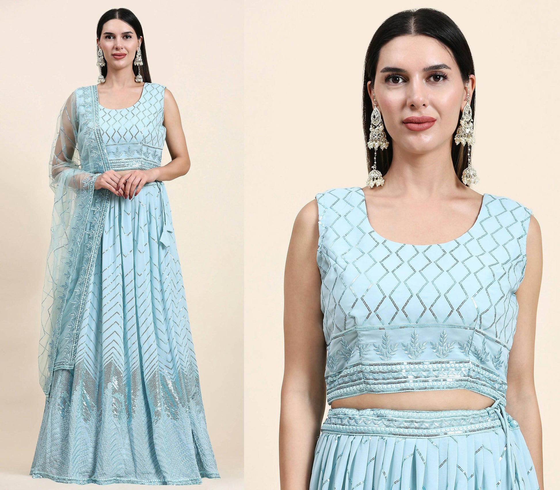 Blue Pure Viscose Georgette Sequence Embroidery work Lehenga Choli with Dupatta - Aakriti