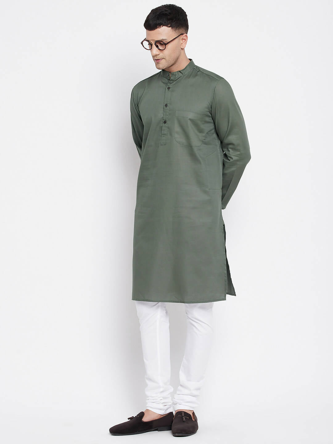 Even Apparels Green Color Linen Men's Kurta With Band Collar | Swadesiicart