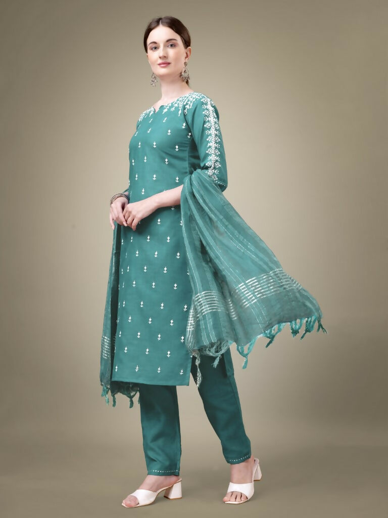Jyoti Fashion Women's Teal Cotton Blend Embroidery & Sequence work Kurta with Trouser & Dupatta | Swadesiicart