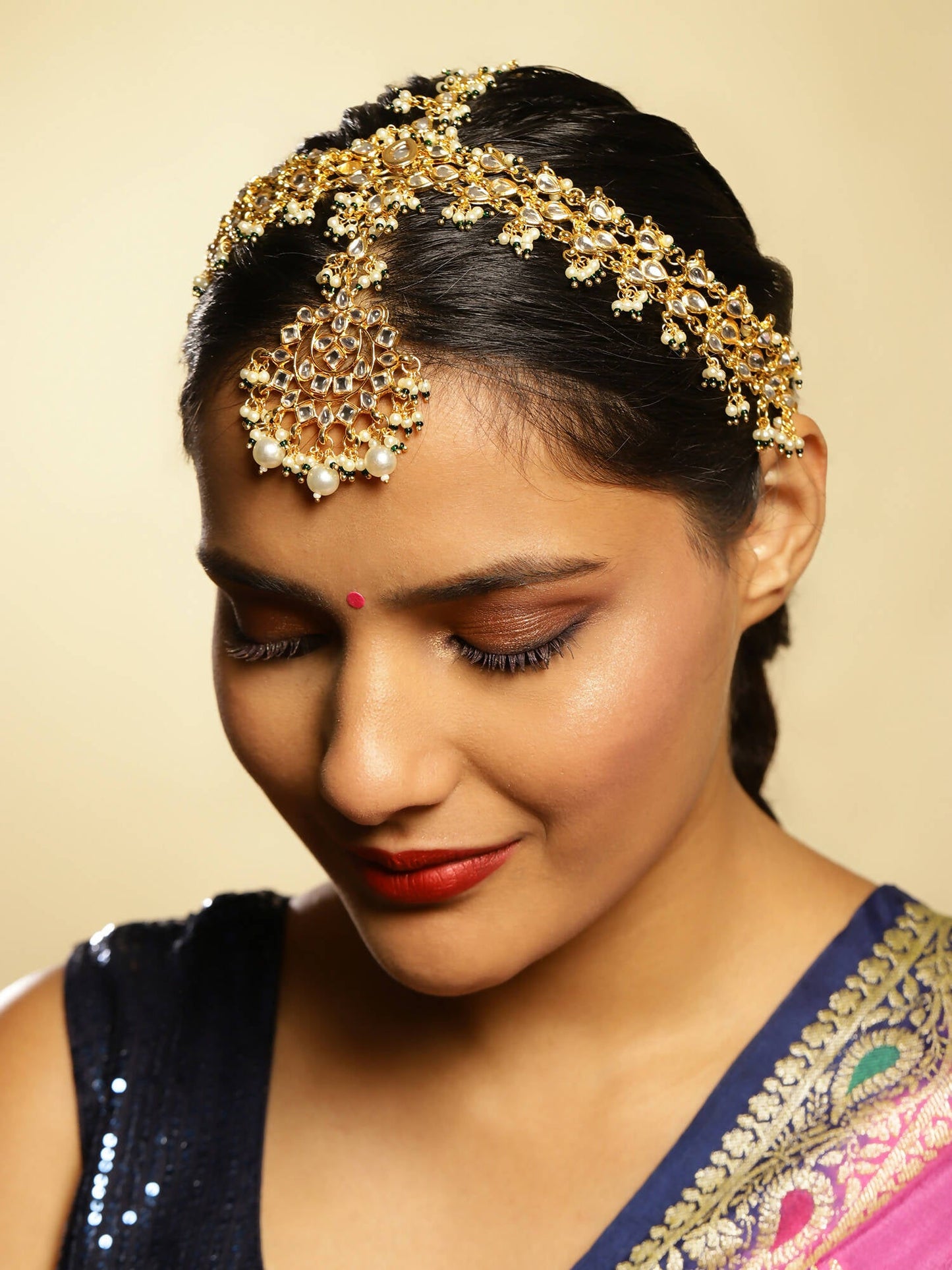 Gold-Polished White Green Kundan-Studded Pearl Beaded Matha Patti - Ruby Raang | Swadesiicart