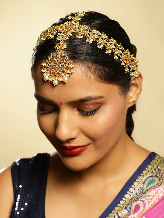 Gold-Polished White Green Kundan-Studded Pearl Beaded Matha Patti - Ruby Raang | Swadesiicart
