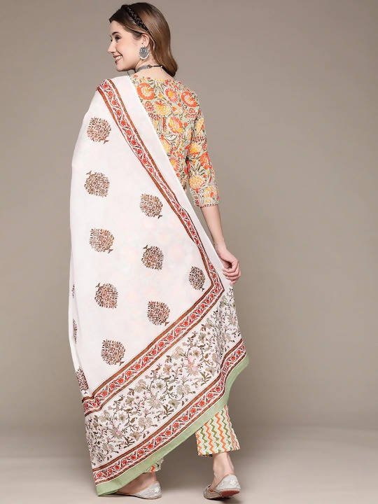 Anubhutee Green Floral Printed Sequinned Pure Cotton Kurta with Trousers & Dupatta | Swadesiicart