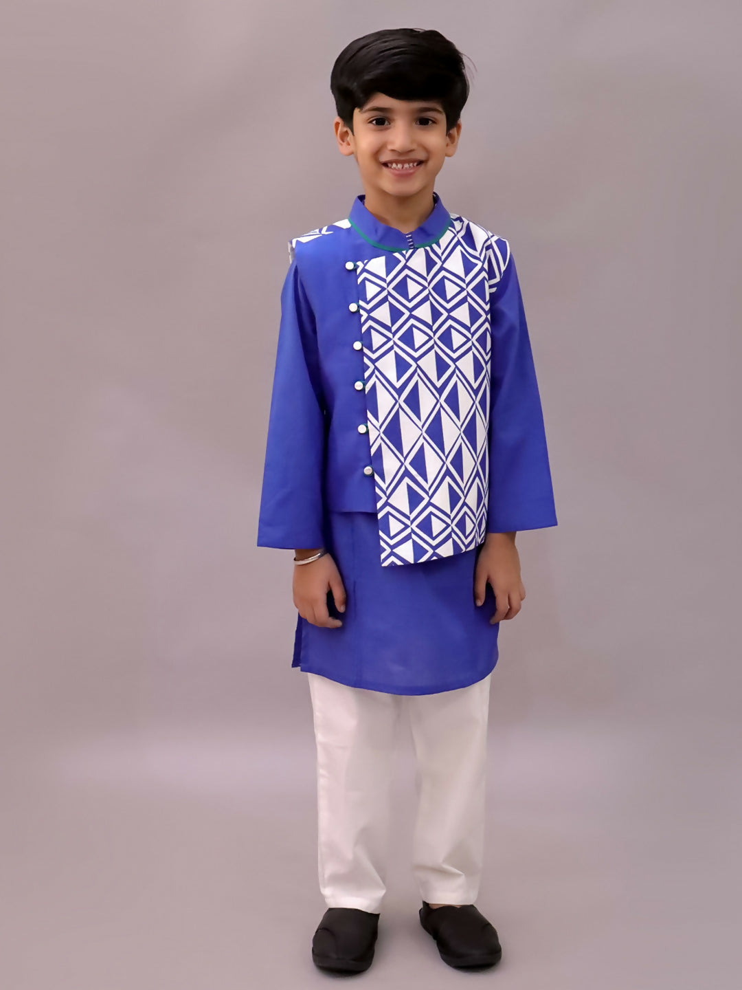 Lil Drama Shor-Gul Blue Kurta Pyjama with Jacket Set For Boys | Swadesiicart
