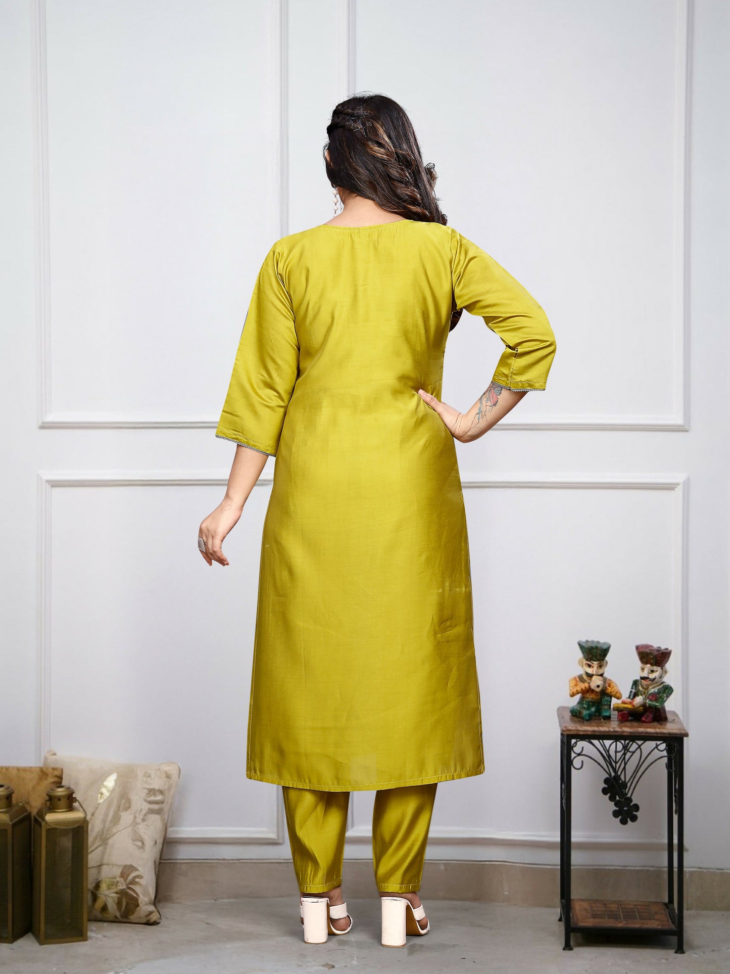 The52 Lemon Beautiful Embroidered Viscose Chanderi Fabric Straight Kurta Pant with Dupatta Set - Swadesiicart