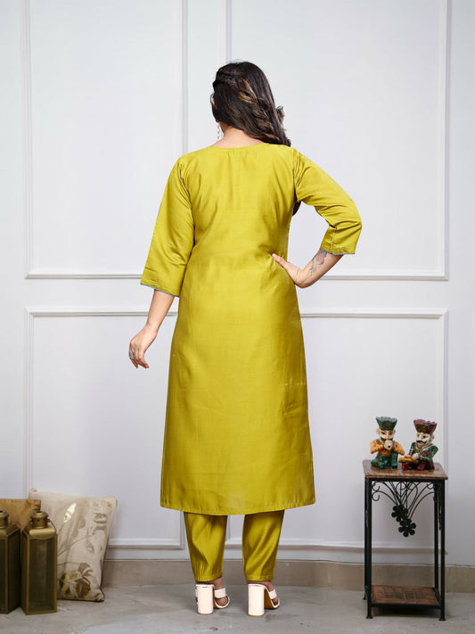 The52 Lemon Beautiful Embroidered Viscose Chanderi Fabric Straight Kurta Pant with Dupatta Set - Swadesiicart