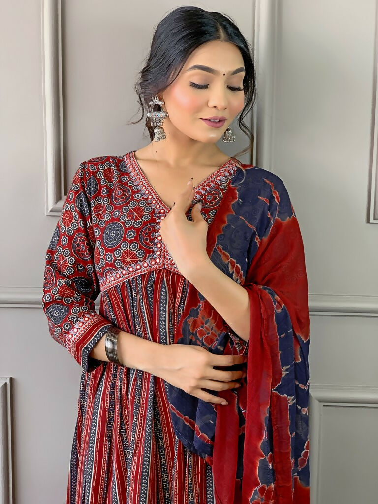 Partywear Designer Cotton Maroon Stitched Suit With Dupatta - Tanisha | Swadesiicart