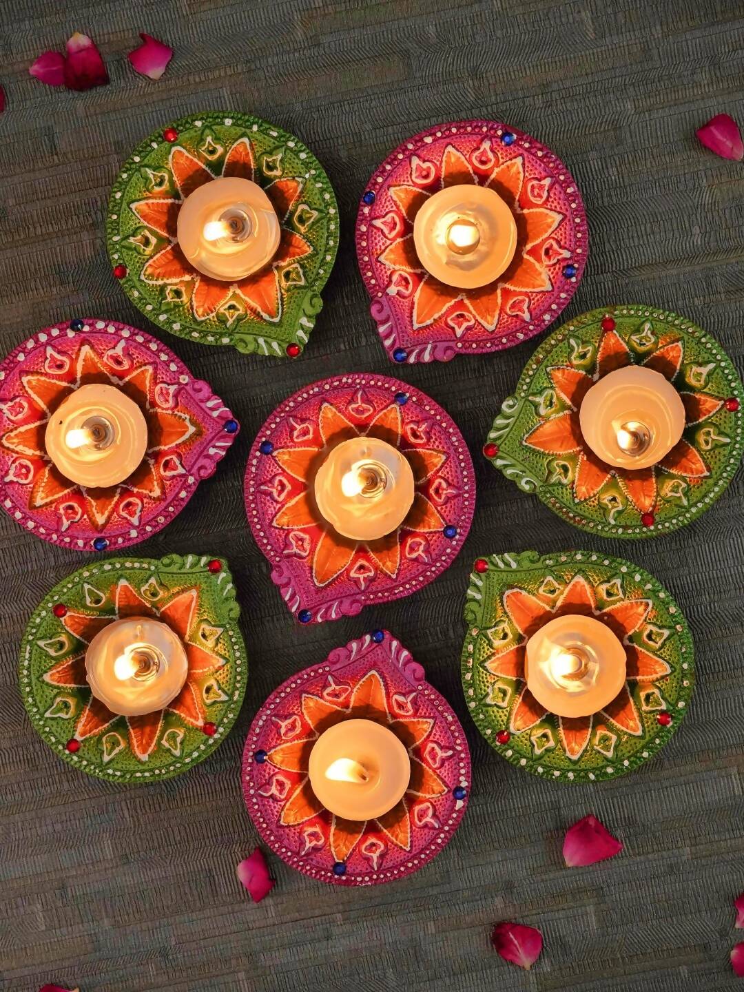 Tied Ribbons Green & Pink Set of 8 Terracotta Clay Diwali Diyas | Swadesiicart