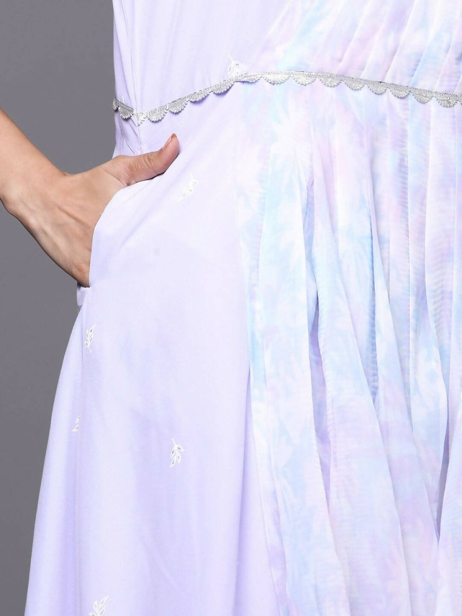 Ahalyaa Blue & White Floral Print Ethnic Maxi Dress with Attached Dupatta | Swadesiicart