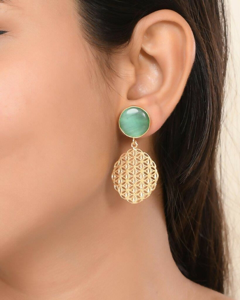 VOJ One Gram Gold-Polished Teal Colored Stone Studded Earrings - Swadesiicart