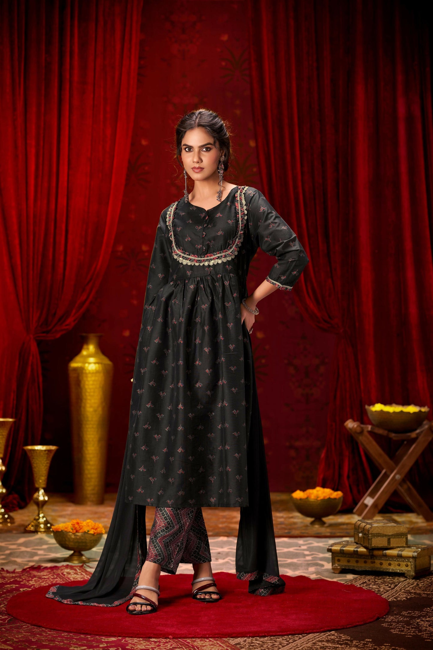 BulBul Black Ajrakh Print Chanderi Silk Kurta Set with Dupatta - Swadesiicart