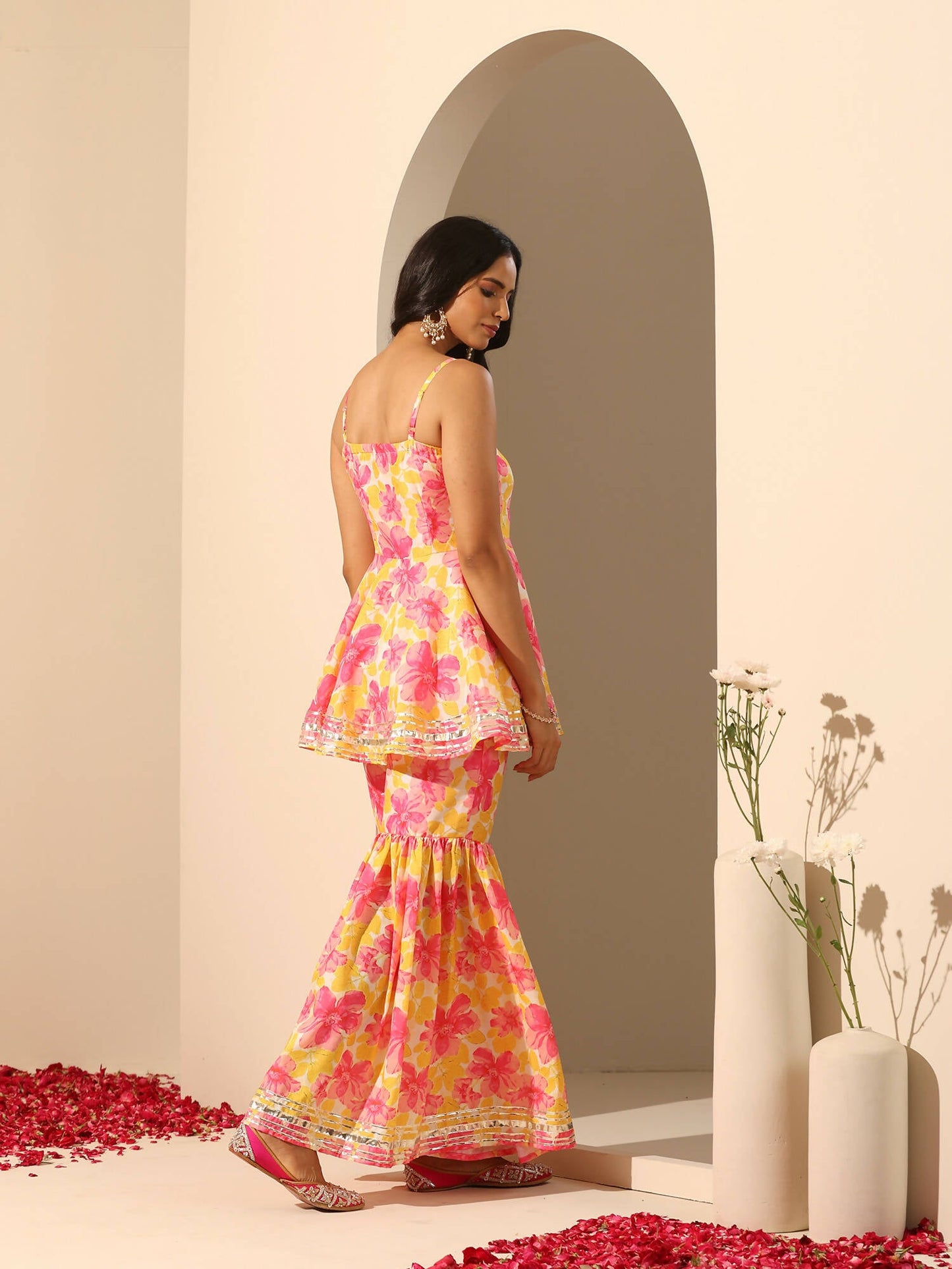 Pomcha Jaipur Yellow Gul Rangrez Sharara Set | Swadesiicart