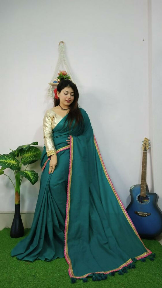 Exclusive Collection Beautiful Khadi Cotton Handloom Saree With Beautiful Zari Border - Green - Swadesiicart