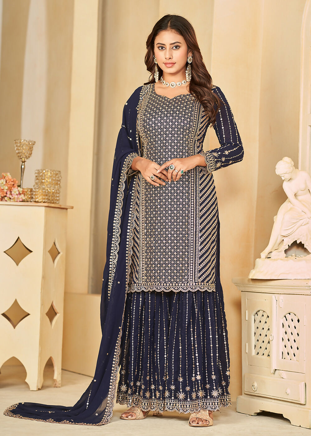 Mesmeric Blue Faux Georgette Palazzo Suit with Embroidery - Emponline | Swadesiicart