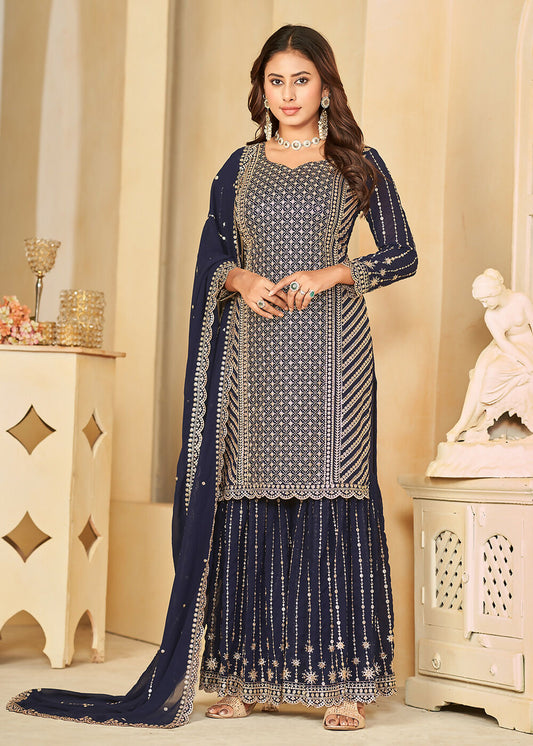 Mesmeric Blue Faux Georgette Palazzo Suit with Embroidery - Emponline | Swadesiicart