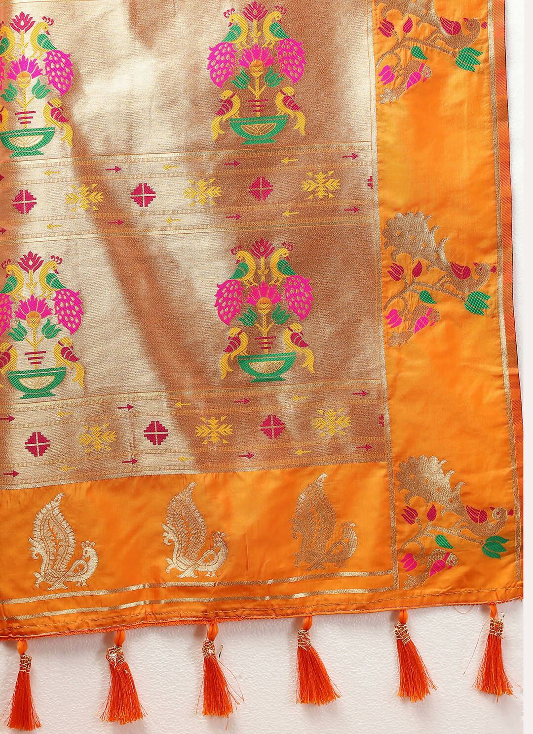 Lorenvalley Fashion Orange Soft Paithani Silk Woven Design Gold Zari Meenakari Weaving Saree - Swadesiicart