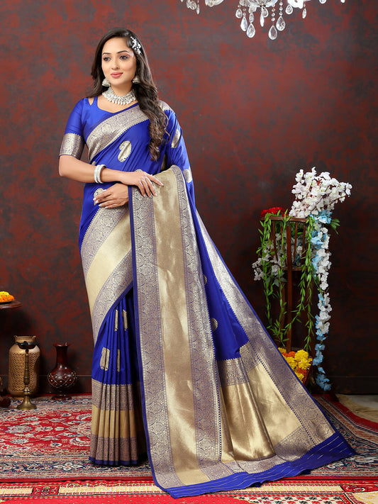 Lorenvalley Fashion Blue Soft Silk Woven Design Gold Zari Weaving Saree - Swadesiicart