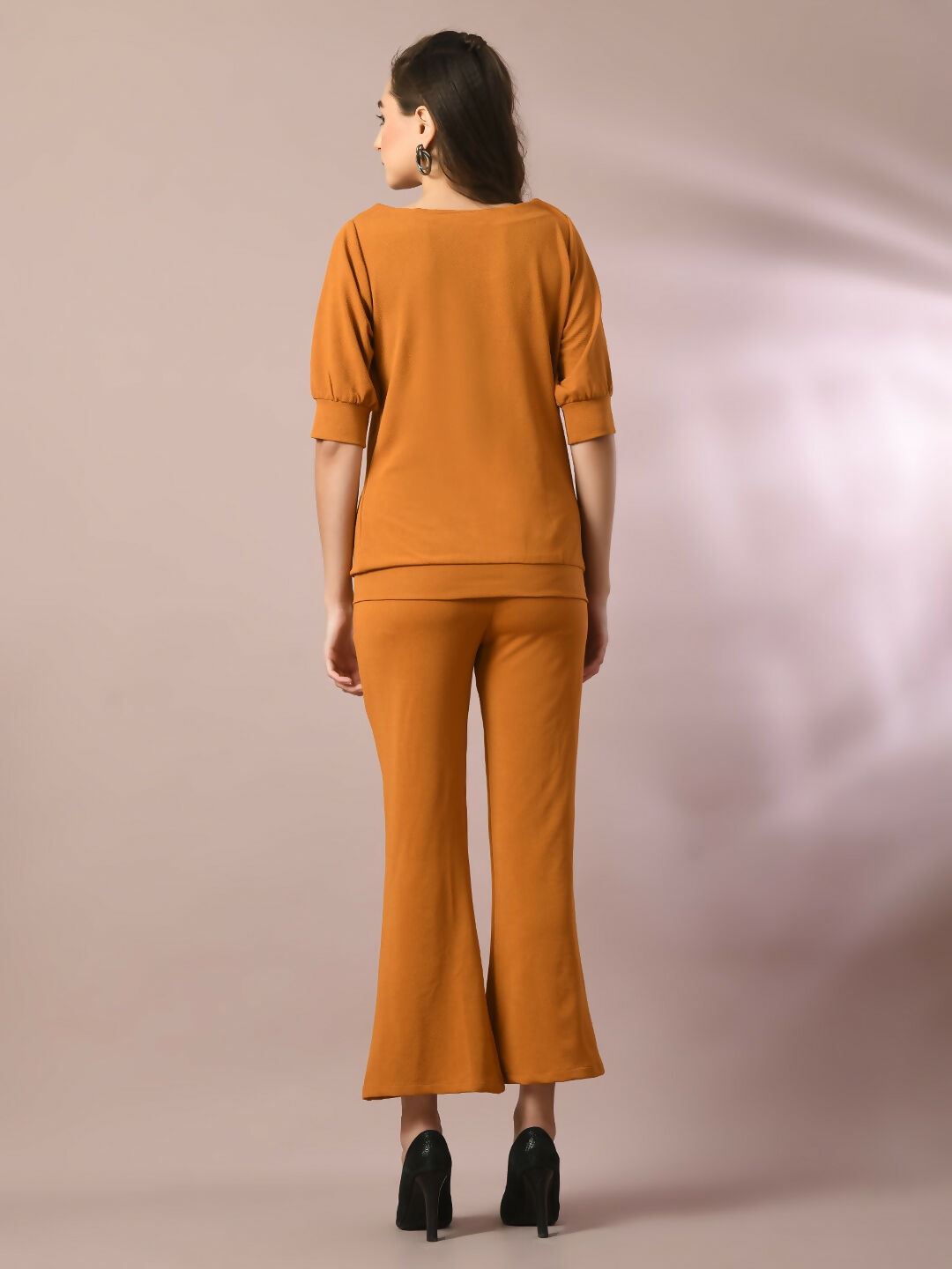Myshka Women's Mustard Solid Boat Neck Party Top With Trousers Co-ord set - Swadesiicart