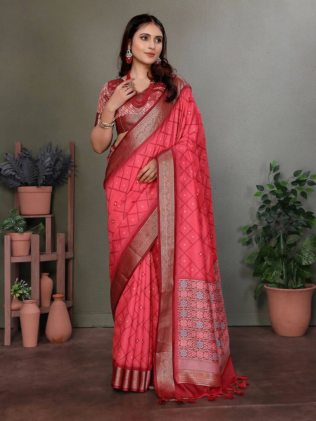 Joban Fashion Carrot Red Woven Design Banarasi Silk Sarees | Swadesiicart