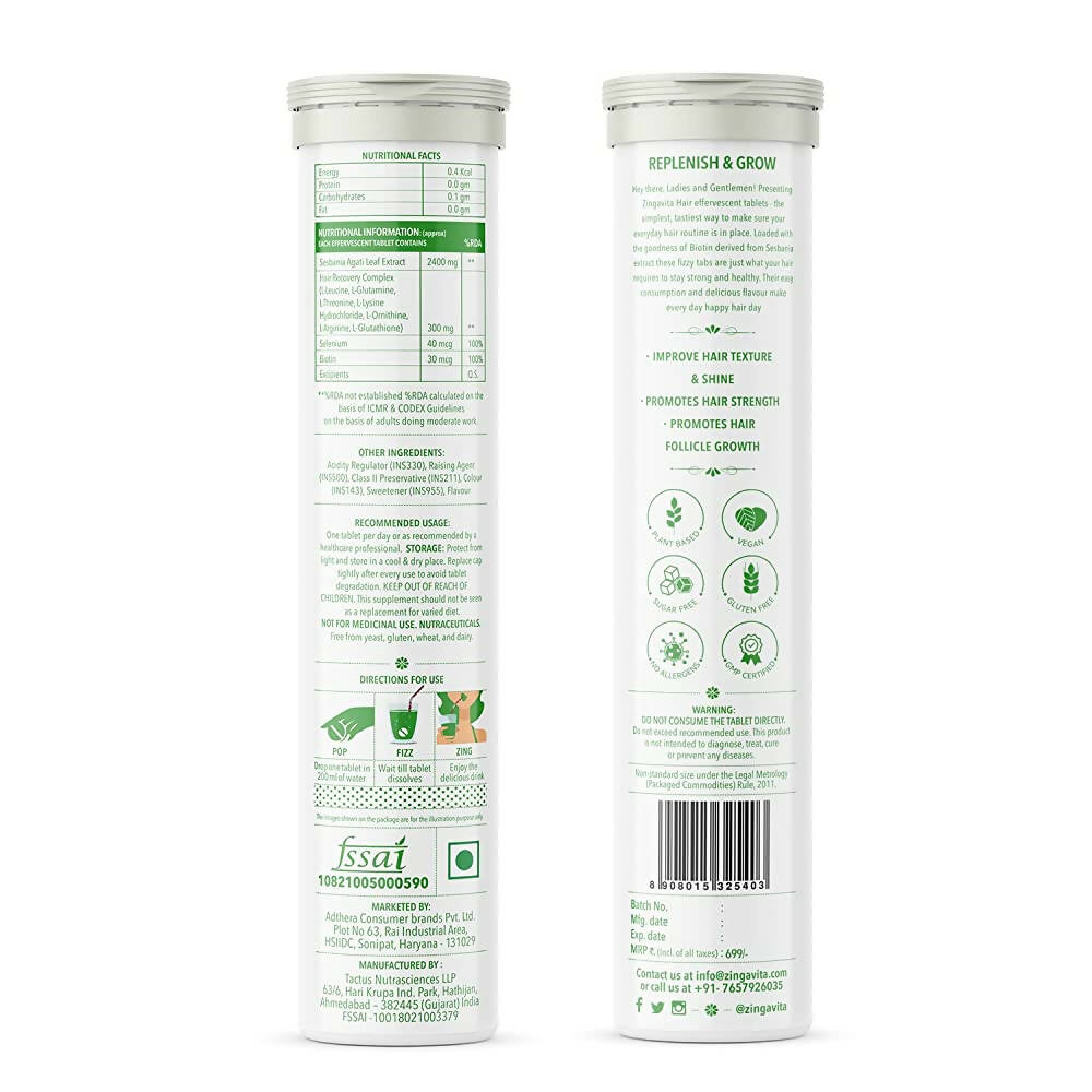 Zingavita Happy Hair Biotin Effervescent Tablets (Green Apple Flavor) Sugar Free | Swadesiicart