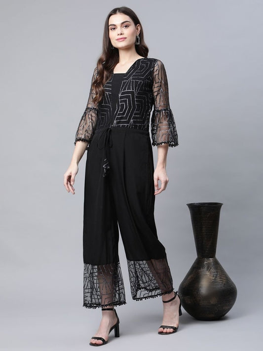 Ahalyaa Womens Crepe & Net Black Printed Jumpsuit - Swadesiicart