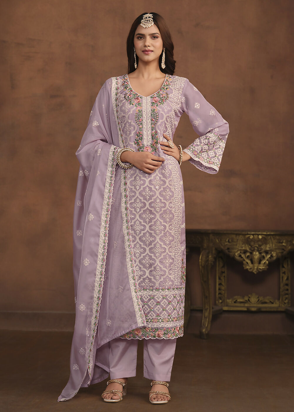 Lavender Soft Organza Embroidered Festive Salwar Suit - Emponline | Swadesiicart