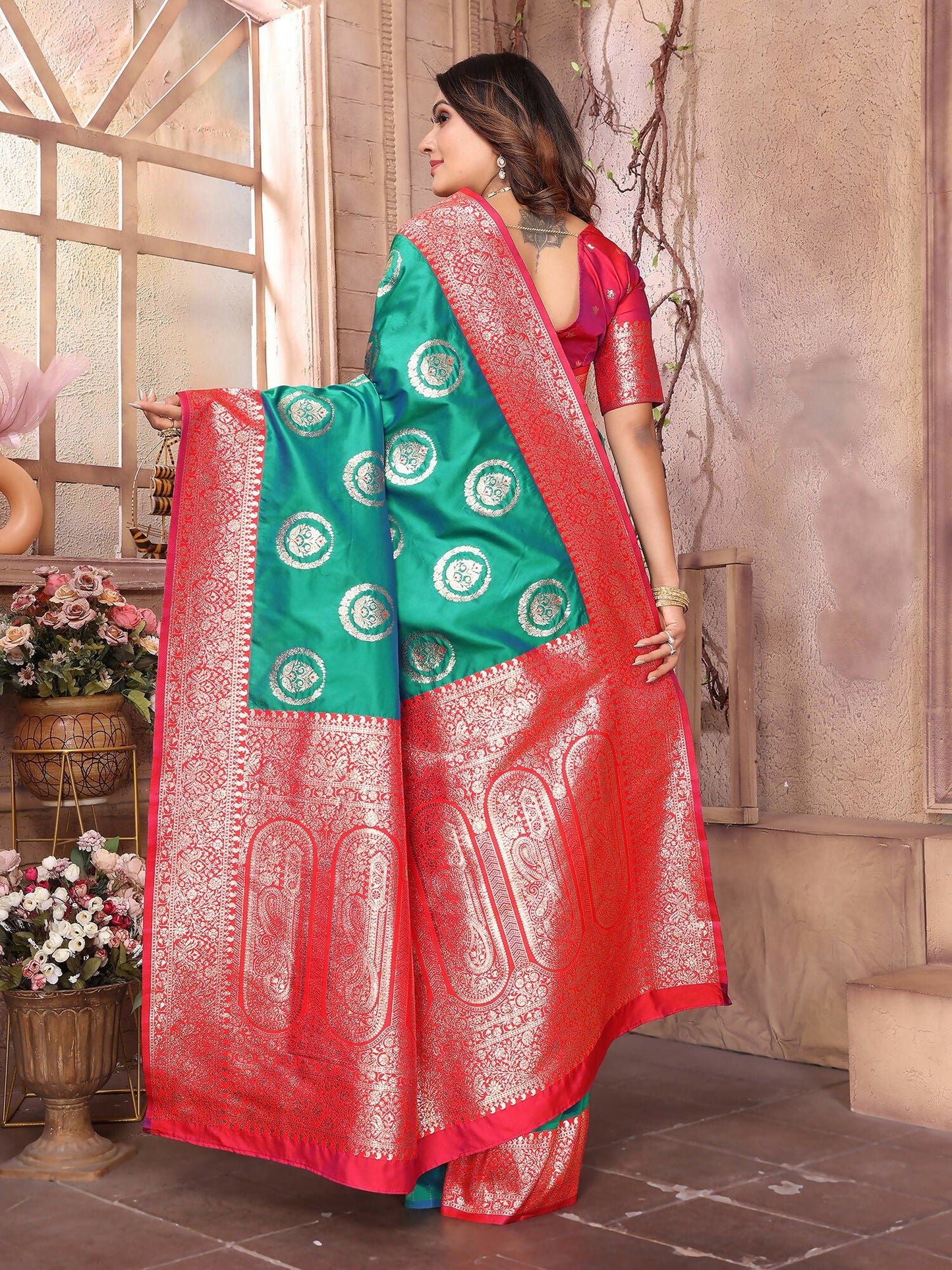 Joban Fashion Green Banarasi Soft Silk Woven Saree | Swadesiicart