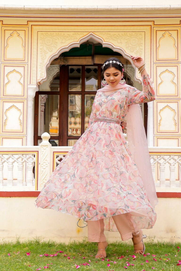 Vaasva Women White Organza Floral Print & Embroidered Anarkali Kurta, Pant & Dupatta set | Swadesiicart