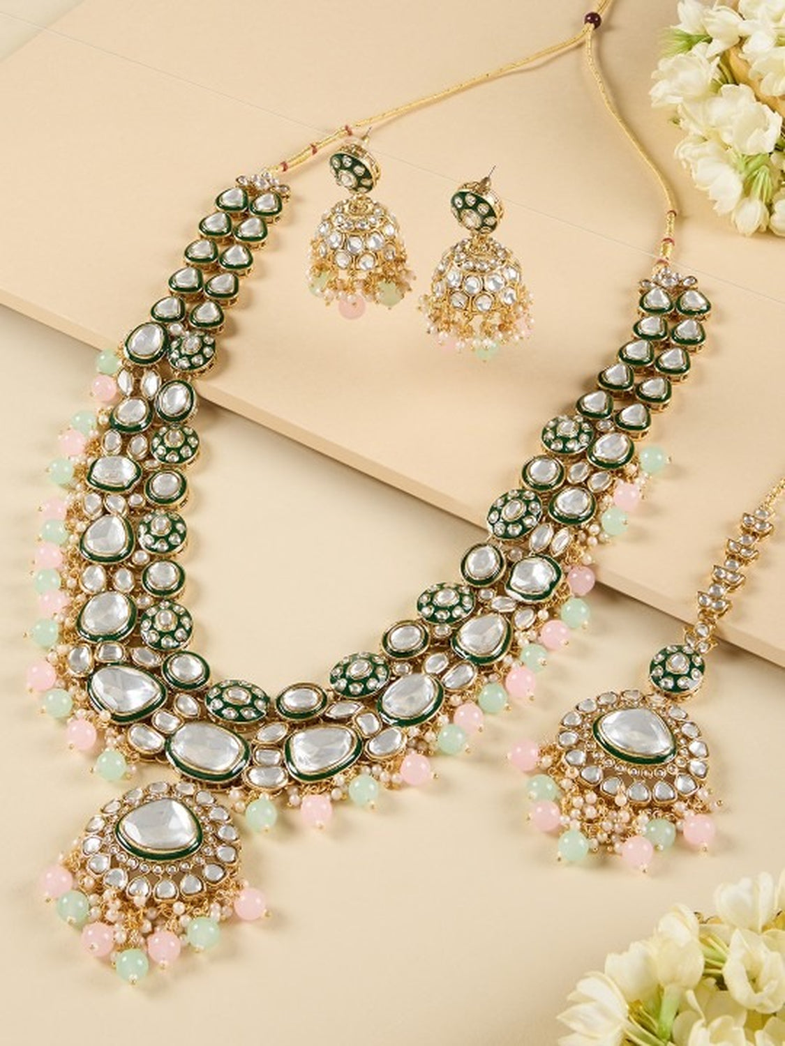 Jewel City Gold-Plated Kundan Bridal Necklace Set with Pastel Beads – Traditional Indian Wedding Jewelry for Women | Swadesiicart