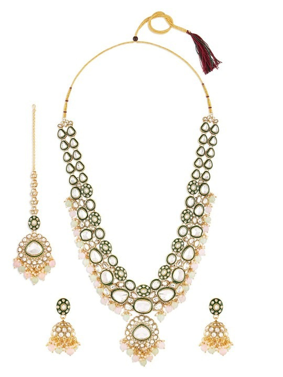 Jewel City Gold-Plated Kundan Bridal Necklace Set with Pastel Beads – Traditional Indian Wedding Jewelry for Women | Swadesiicart