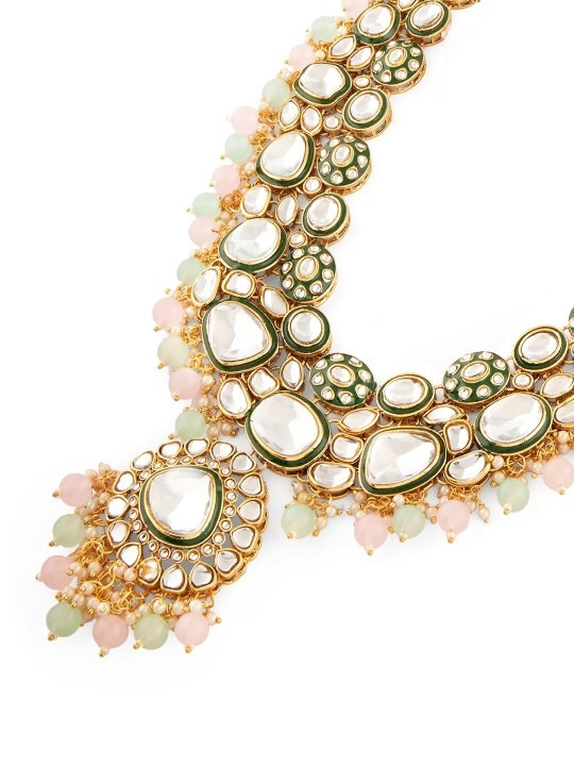 Jewel City Gold-Plated Kundan Bridal Necklace Set with Pastel Beads – Traditional Indian Wedding Jewelry for Women | Swadesiicart