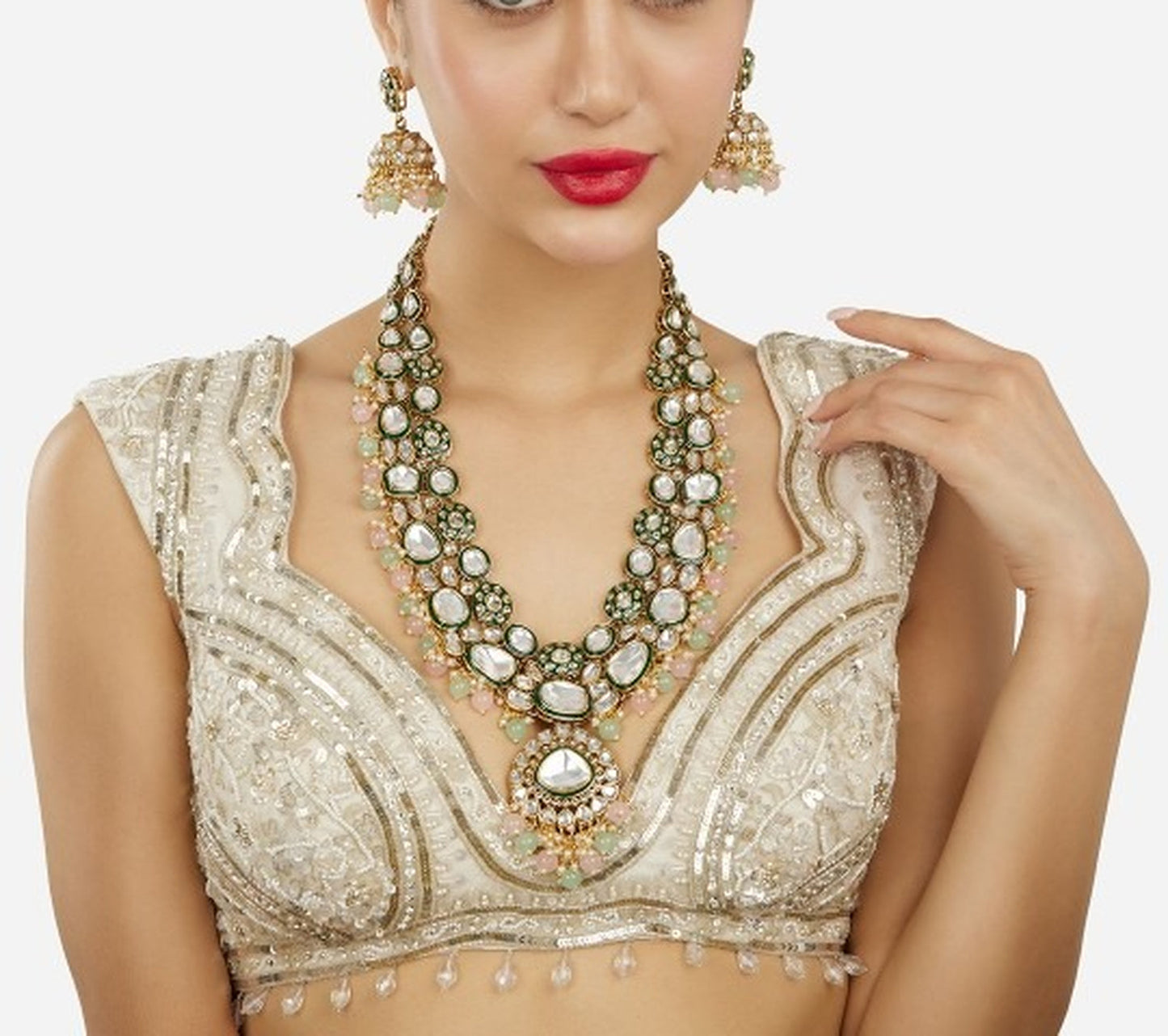Jewel City Gold-Plated Kundan Bridal Necklace Set with Pastel Beads – Traditional Indian Wedding Jewelry for Women | Swadesiicart