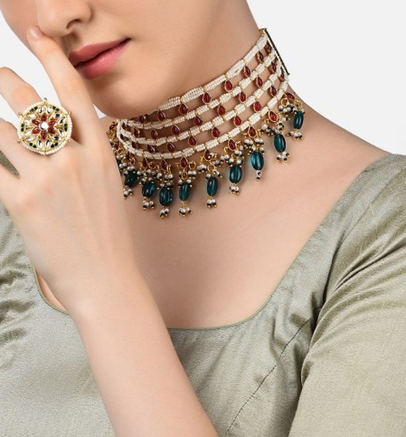Jewel City Gold-Plated Kundan Choker Necklace Set with Green Beads & Statement Ring – Traditional Indian Jewelry for Women | Swadesiicart