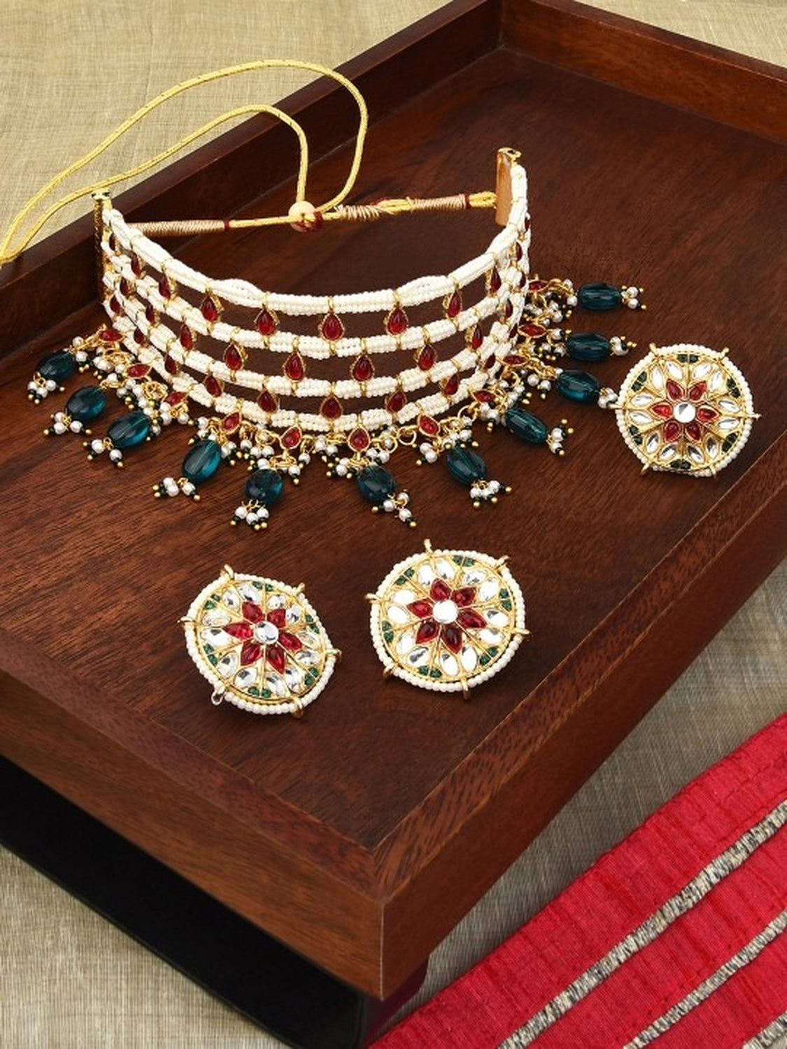Jewel City Gold-Plated Kundan Choker Necklace Set with Green Beads & Statement Ring – Traditional Indian Jewelry for Women | Swadesiicart