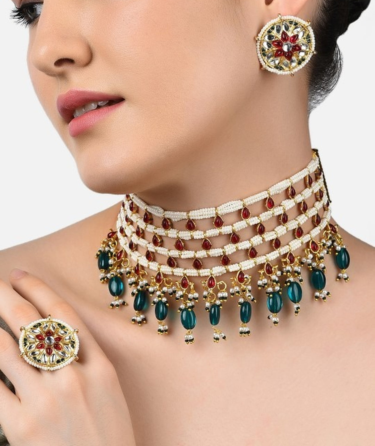 Jewel City Gold-Plated Kundan Choker Necklace Set with Green Beads & Statement Ring – Traditional Indian Jewelry for Women | Swadesiicart