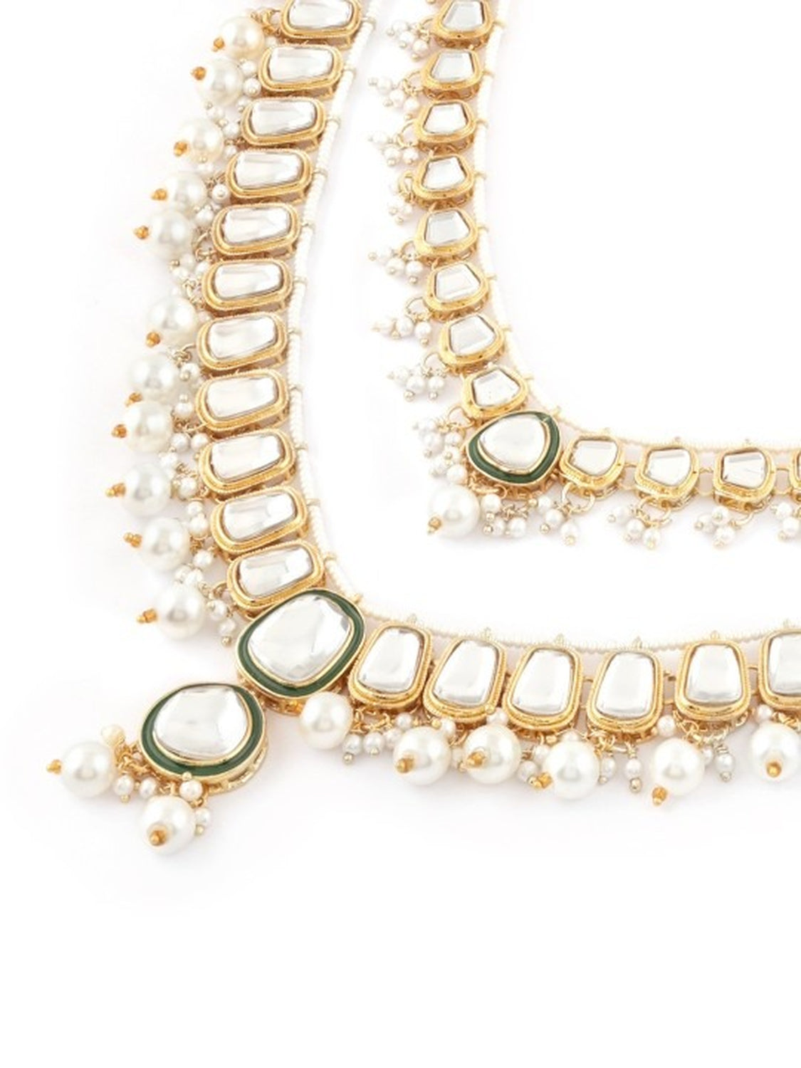Jewel City Gold-Plated Kundan Bridal Necklace Set with Pearls & Green Stones Traditional Indian Jewelry for Weddings & Festive Wear | Swadesiicart