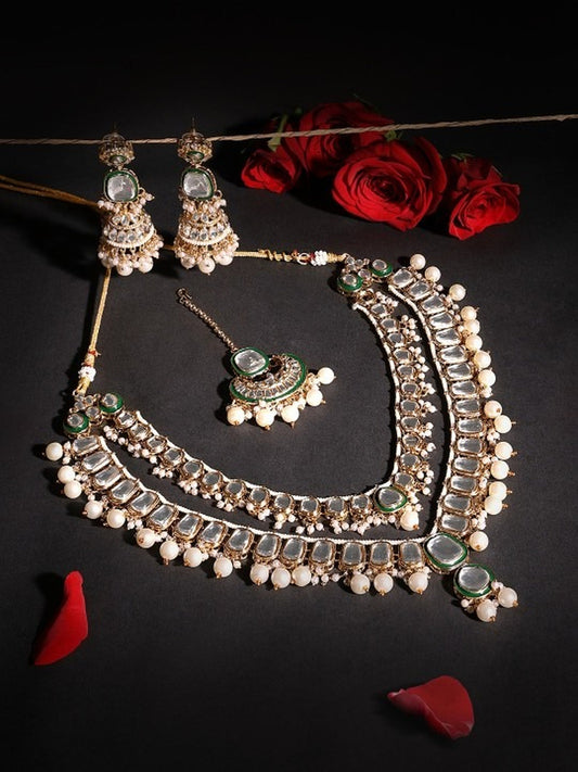 Jewel City Gold-Plated Kundan Bridal Necklace Set with Pearls & Green Stones Traditional Indian Jewelry for Weddings & Festive Wear | Swadesiicart