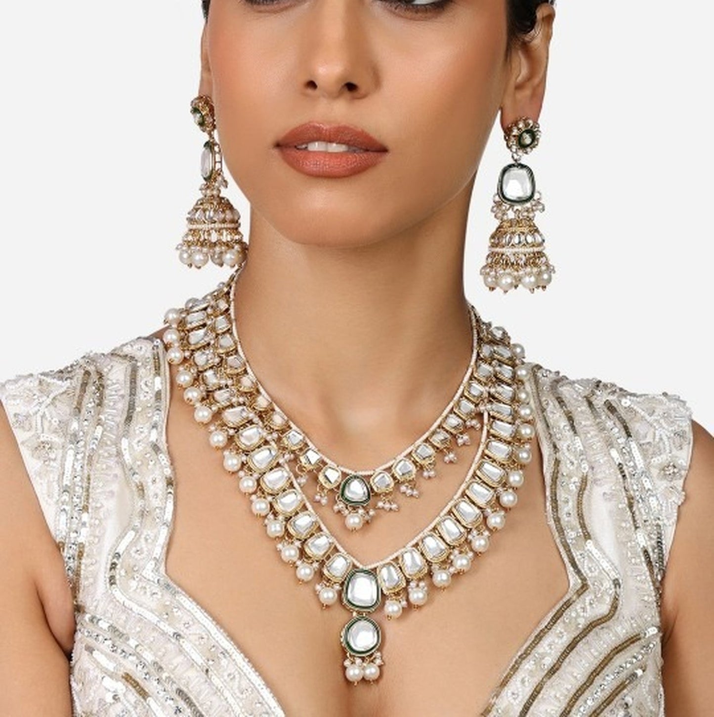 Jewel City Gold-Plated Kundan Bridal Necklace Set with Pearls & Green Stones Traditional Indian Jewelry for Weddings & Festive Wear | Swadesiicart