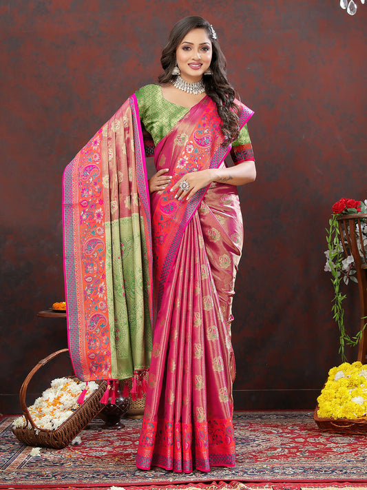 Lorenvalley Fashion Magenta Kanjivaram Silk Woven Design with Zari Weaving Saree - Swadesiicart
