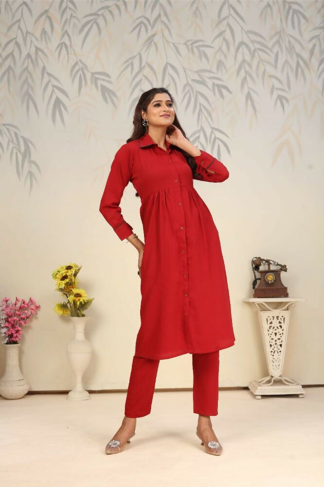 Jyoti Fashion Women's Red Rinkal Cotton Plain with Side Pocket Kurtis & Sets | Swadesiicart