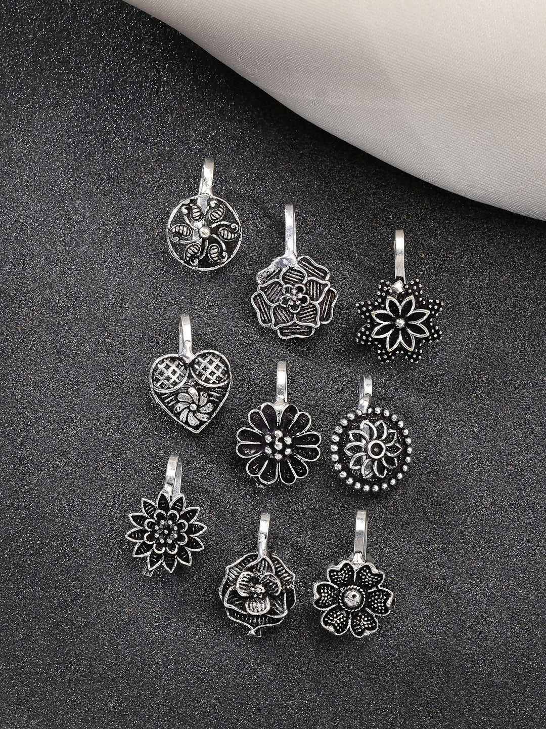 NVR Women's Set of 9 Silver-Plated German Silver Nose Pins | Swadesiicart