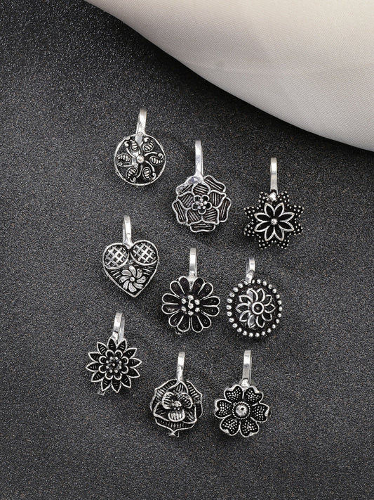 NVR Women's Set of 9 Silver-Plated German Silver Nose Pins | Swadesiicart