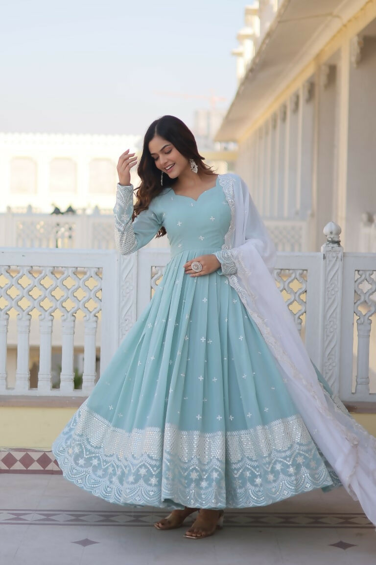 Jyoti Fashion Women's Turquoise Faux Georgette Sequins Thread Embroidery Anarkali Dress with Dupatta | Swadesiicart