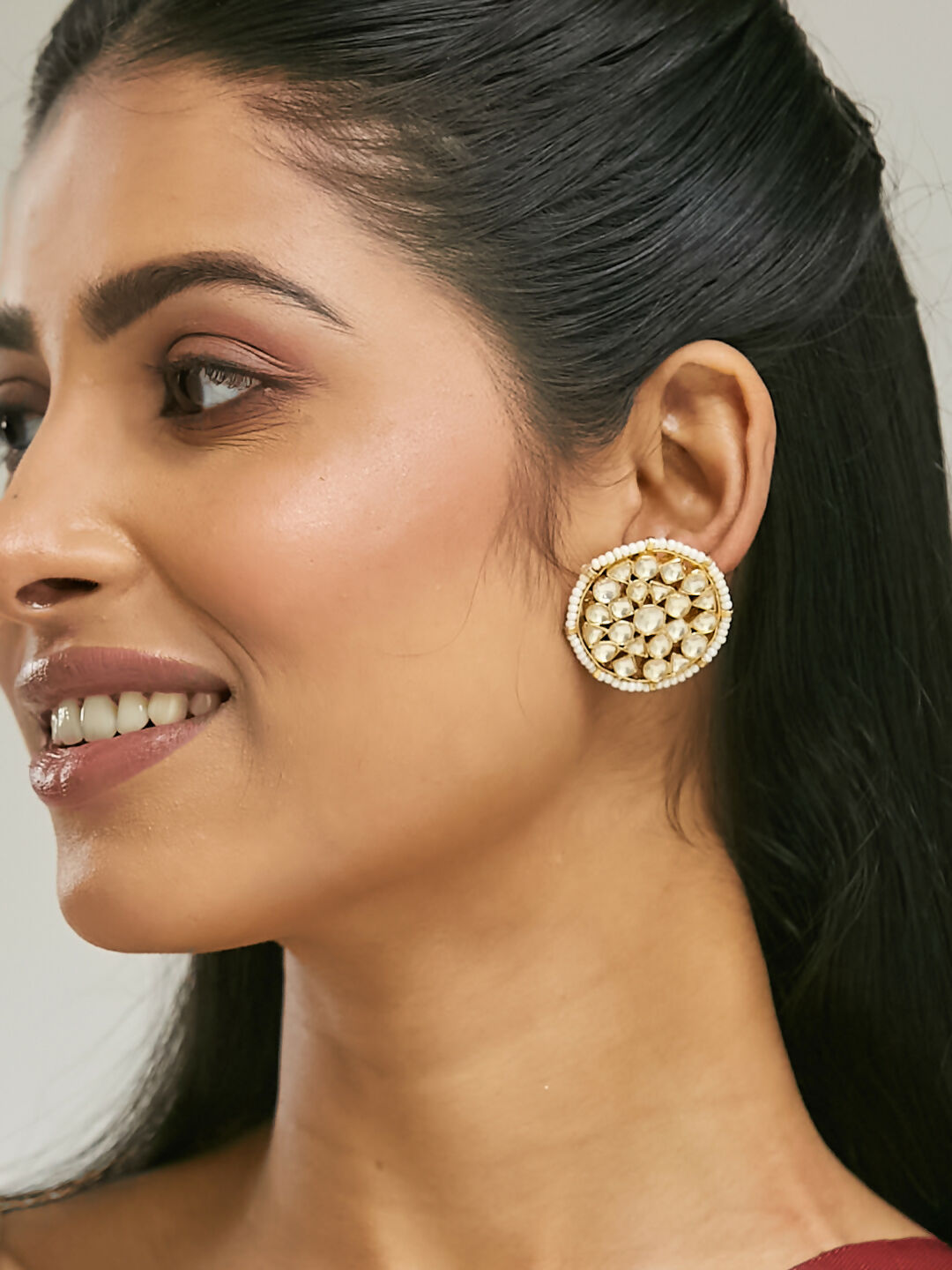 Nuyug 22K Gold-Plated Elegant Kundan Stone Studded & Pearl Beaded Disc Studs | Swadesiicart