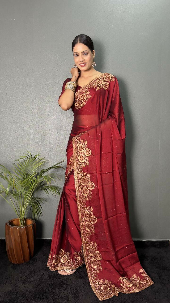 Vastranavya Maroon Rangoli Silk Zari work with DMC Swarovski work Ready to Wear Saree | Swadesiicart