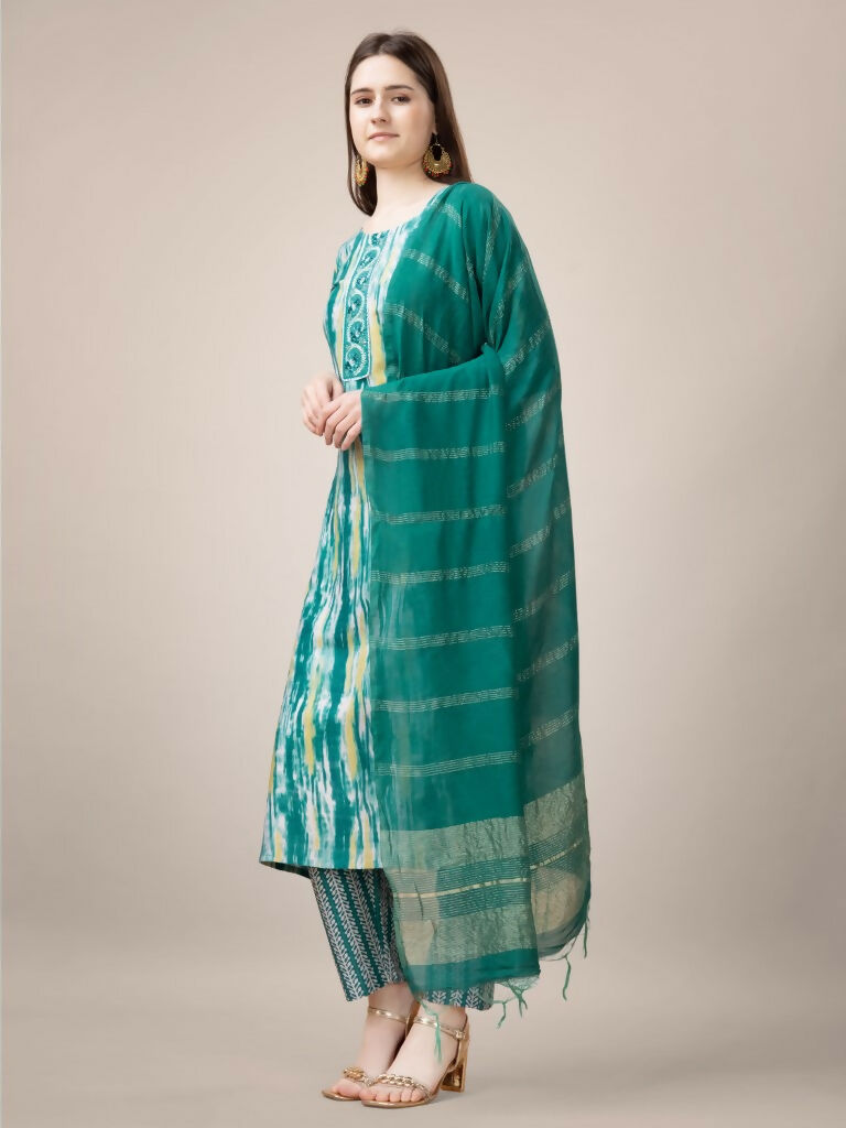 Jyoti Fashion Women's Teal Rayon Print with Embroidery & Fancy Lace Work Kurta with Trouser & Dupatta | Swadesiicart
