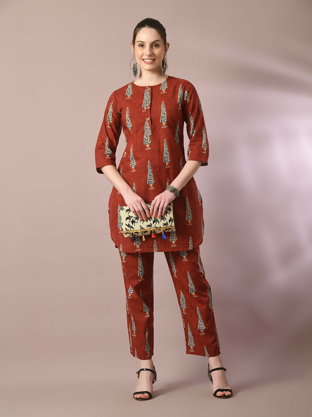 Myshka Women's Rust Printed Cotton Round Neck Party Tunic With Trousers Co-ord set - Swadesiicart